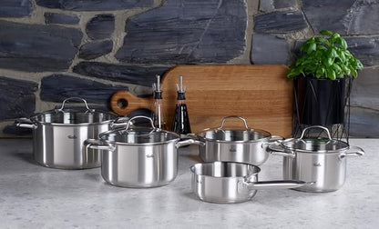 Fissler San Francisco 5-Piece Stainless Steel Saucepan Set with Glass Lids Suitable for Induction Cookers All Hob Types (3 Saucepans, 1 Stewing Pot, 1 Saucepan Without Lid)