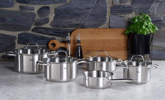 Fissler San Francisco 5-Piece Stainless Steel Saucepan Set with Glass Lids Suitable for Induction Cookers All Hob Types (3 Saucepans, 1 Stewing Pot, 1 Saucepan Without Lid)