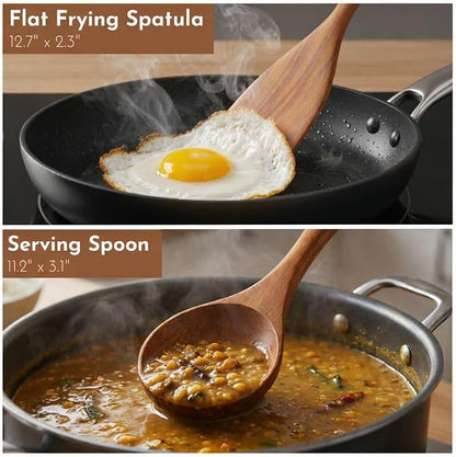 2 Piece Teak Wood Utensils Set– Flat Edge Turner & Serving Spoon – Non Toxic, Dishwasher Safe, Plastic Free Wooden Spatulas for Nonstick Pans – Essential Kitchen Utensils for Cooking"