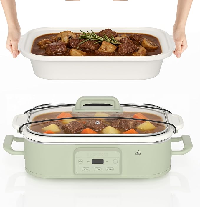 4 Quart Casserole Programmable Slow Cooker with Ceramic Baking Dish - Perfect Kitchen Small Appliance for Family Dinners, Oven Safe and Durable Bakeware for Lasagna, Roasts, Sage