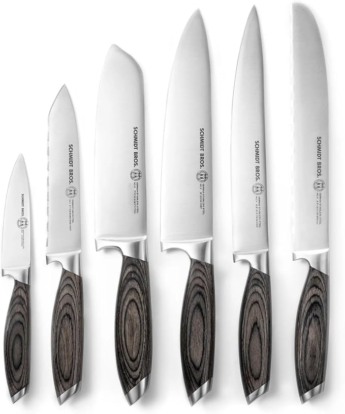 Schmidt Brothers - Bonded Ash 7-Piece Kitchen Knife Set, High-Carbon German Stainless Steel Cutlery, Ash Finish Wood Handles and Clear Acrylic Magnetic Knife Block