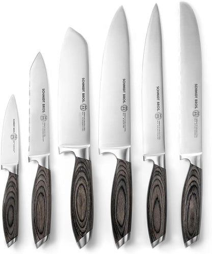 Schmidt Brothers - Bonded Ash 7-Piece Kitchen Knife Set, High-Carbon German Stainless Steel Cutlery, Ash Finish Wood Handles and Clear Acrylic Magnetic Knife Block