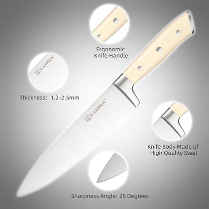 16 Pieces German Steel Knife Block Set, Extra-Long Creamy White Handles for Large Hands & Better Leverage, Professional Kitchen Knife Set with Sharpener & Shears, Modern Black Block