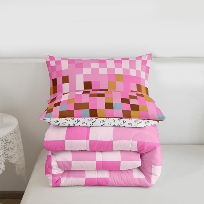 Manfei Pixelated Grid Bedding Set for Boys Girls,Games Gamepad Miners All Season Cozy Comforter Set Full Size,Geometric Grid Square Pink Blocks Duvet Set Bedroom Decor,Personalized Birthday Gifts