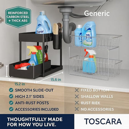 Under Sink Organizer – 2 Tier Sliding cabinet organizer with 4 Hooks & 1 Cup | Multi-Purpose Space Saving Shelf for under kitchen sink storage, Countertop, Bathroom, Pantry & Office Organization