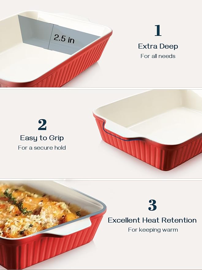 DOWAN 9x13-inch Deep Casserole Baking Dish for Lasagna, 135 oz Ceramic Pan with Handles, Oven Safe for Baking and Home Decor, Red
