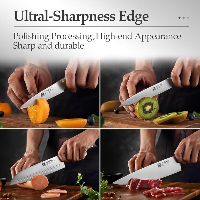 XINZUO German Stainless Steel Knife Set, 5Pcs Professional Chef Knife Sets for Chefs, Ultra Sharp,Chef Santoku Slicing Petty Paring Knife with Red Sandalwood Handle