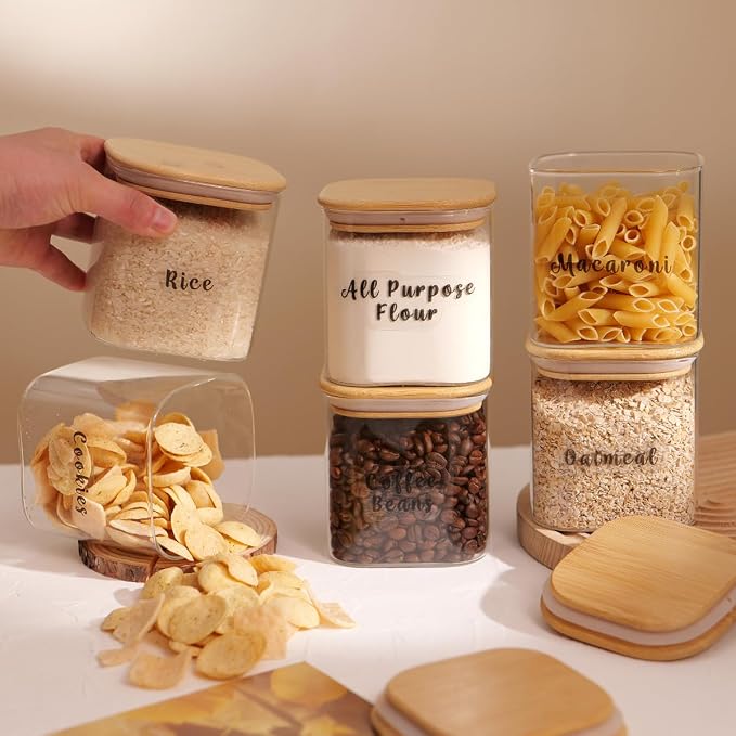 6 Pcs Square Glass Pantry Storage Containers with Bamboo Airtight Lid and 248 Clear Pantry Labels Preprinted - 24oz Thicken Glass Food Storage Jars for Coffee, Cookie, Tea, Sugar, Spice