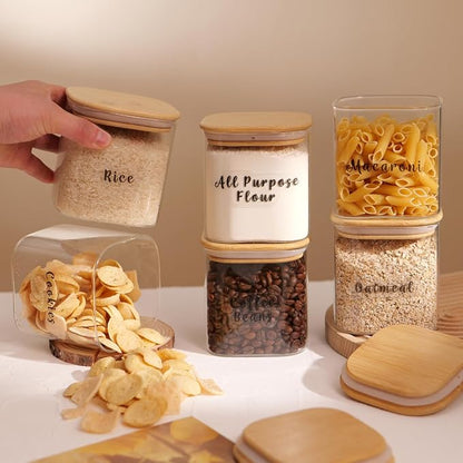 6 Pcs Square Glass Pantry Storage Containers with Bamboo Airtight Lid and 248 Clear Pantry Labels Preprinted - 24oz Thicken Glass Food Storage Jars for Coffee, Cookie, Tea, Sugar, Spice
