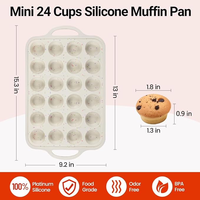 CAKETIME Mini Cupcake Pans, Metal Reinforced Frame Silicone Mini Muffin Pan Nonstick 24 Cups Easy to Handle for Baking Muffins, Cupcakes, Egg Bites 1 Pack