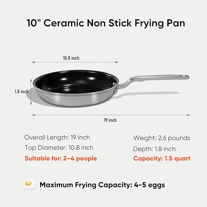 5 Ply Ceramic Non Stick Frying Pans - 10 Inch Stainless Clad Nonstick Skillet, Non Toxic, PTFE & PFOA FREE, Professional Cookware for Induction, All Stoves and Oven up to 650°F