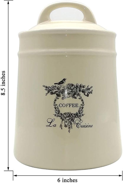 Ceramic Coffee Canister Jars,Airtight Coffee Storage Container with Handle Lid,Ceramic Food Storage Jars for Coffee Beans,Vacuum Sealed Vintage Kitchen Canisters Large,8.5 inches (Beige)