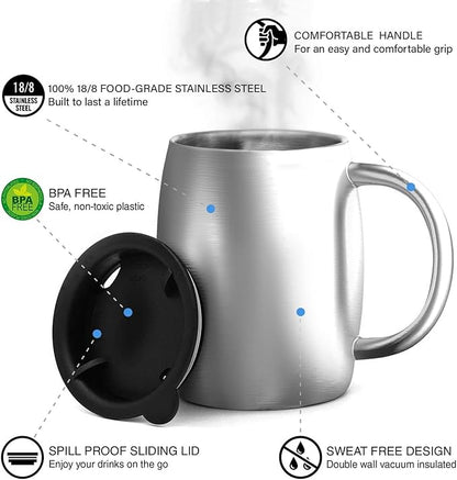 CHILLOUT LIFE Stainless Steel Insulated Coffee Mugs Set of 2 (14oz) – Double Wall Coffee Cups with Spill Resistant Lid & Strong Handle, Shatterproof Cups for Cold Drinks and Hot Beverages