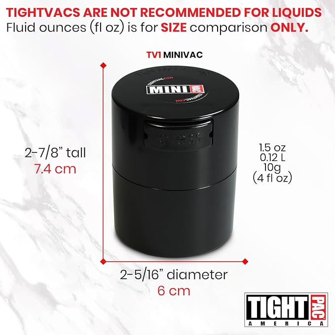 Tightpac Minivac Portable Vacuum Seal Airtight Container – Keeps Coffee Beans, Grounds, Tea, Spices & Herbs Fresh Longer – Travel-Ready, NSF-Certified Food-Grade Storage, 10 to 30 Grams, Black
