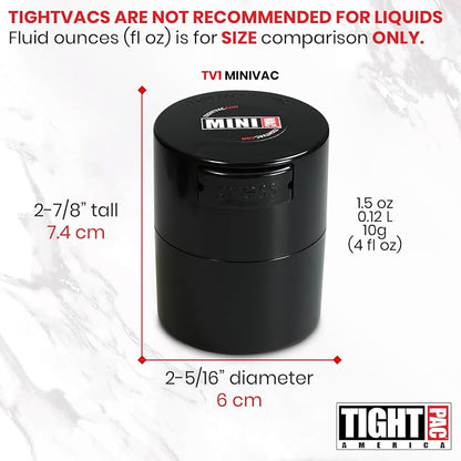 Tightpac Minivac Portable Vacuum Seal Airtight Container – Keeps Coffee Beans, Grounds, Tea, Spices & Herbs Fresh Longer – Travel-Ready, NSF-Certified Food-Grade Storage, 10 to 30 Grams, Black