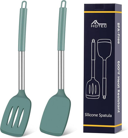 HOTEC Silicone Spatula Set of 2 Heat-Resistant 600F & BPA-Free Kitchen Spatula Turner with Stainless Steel Handles, Slotted & Solid Spatulas for Nonstick Cookware, 13.7 Inch, Sage Green