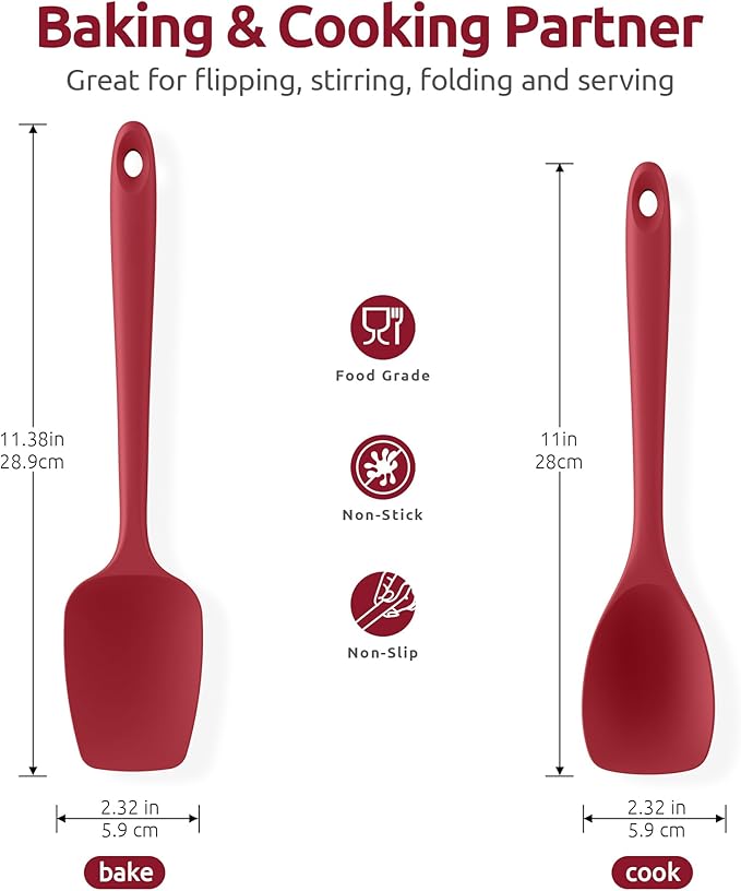 600ºF Heat Resistant Silicone Spoons: U-Taste Flexible Baking Spoon Spatula & Cooking Scoop Spoonula, Seamless Soft Kitchen Utensils for Serving, Scraping, Scooping in Non-Stick Cookware (Red)
