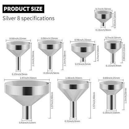 Small Metal Funnels Mini Funnel 8 Size Tiny Bottle Funnel, Miniature Atomizers, Flask, Perfume, Essential Oil, Powder, Micro Pet Capsule, Spice Jar