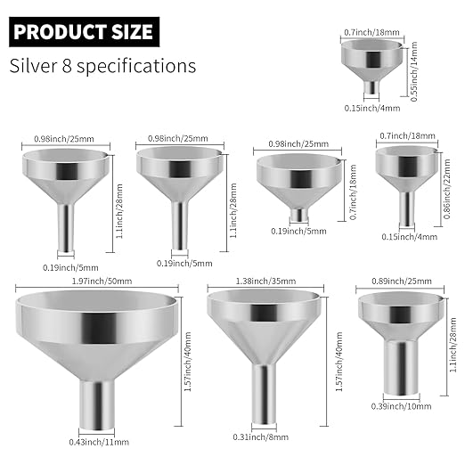 Small Metal Funnels Mini Funnel 8 Size Tiny Bottle Funnel, Miniature Atomizers, Flask, Perfume, Essential Oil, Powder, Micro Pet Capsule, Spice Jar