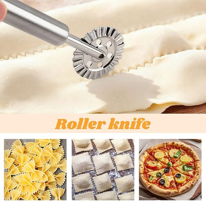 8PCS Ravioli Maker Press Set,Ravioli Stamp Maker Cutter with Wood Rolling Pin,Empanada Maker-Press,Ravioli Wheel and Stuffing Spoon,for Homemade Pasta,Dumpling,Pastry Kit(Yellow)