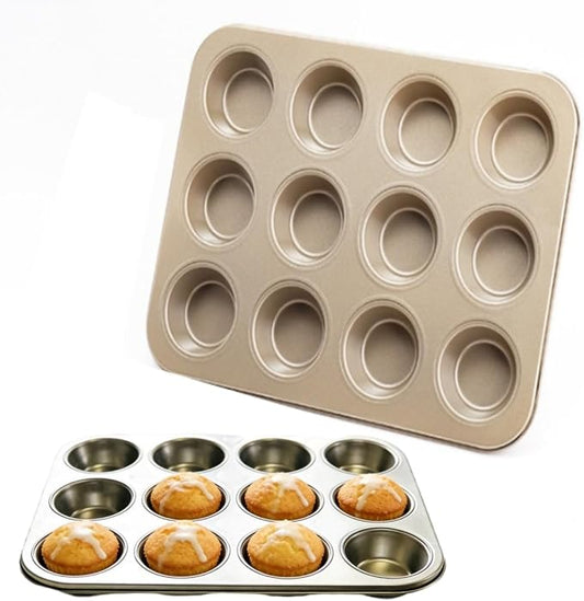 2 Pack Nonstick 12 Cup Muffin Pan, Carbon Steel Cupcake Baking Tray, BPA Free Easy Release Cake Tin, Oven Safe Bakeware for Muffins & Cupcakes,golden