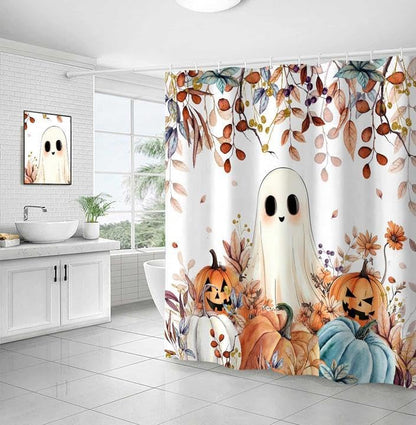 Fall Funny Ghost Shower Curtain, Halloween Pumpkins Harvest Autumn Leaves Decor Bath Curtain, Maple Leaves Spooky Bathroom Accessories Set with Hooks, 72X84in