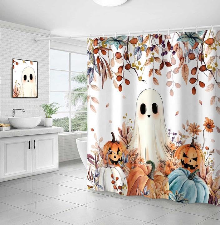 Fall Funny Ghost Shower Curtain, Halloween Pumpkins Harvest Autumn Leaves Decor Bath Curtain, Maple Leaves Spooky Bathroom Accessories Set with Hook 60X70in