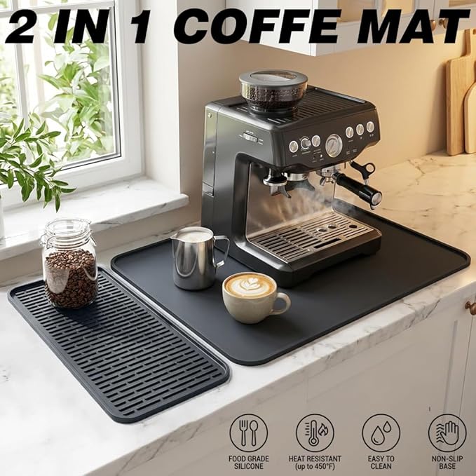 Caketime 2 In 1 Silicone Coffee Bar Mat Accessories for Keurig Coffee Maker with Detachable Dish Drying Rug Kitchen Counter Under Sink Drainer Necessities Rome Decor 16"x20" Light Gray