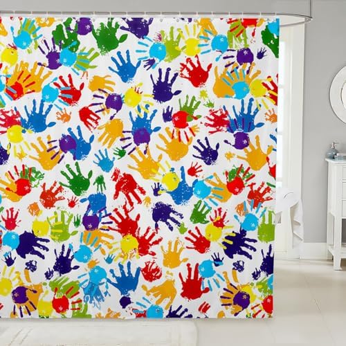 Feelyou Cute Handprint Shower Curtain Kids Boys Girls Watercolor Rainbow Bathroom Waterproof Accessories with 12 Hooks 72x84 Inches Modern Colorful Hand Shapes Abstract Decoration