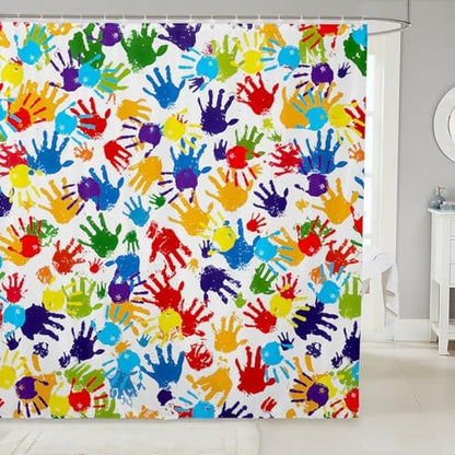 Feelyou Cute Handprint Shower Curtain Kids Boys Girls Watercolor Rainbow Bathroom Waterproof Accessories with 12 Hooks 72x78 Inches Modern Colorful Hand Shapes Abstract Decoration