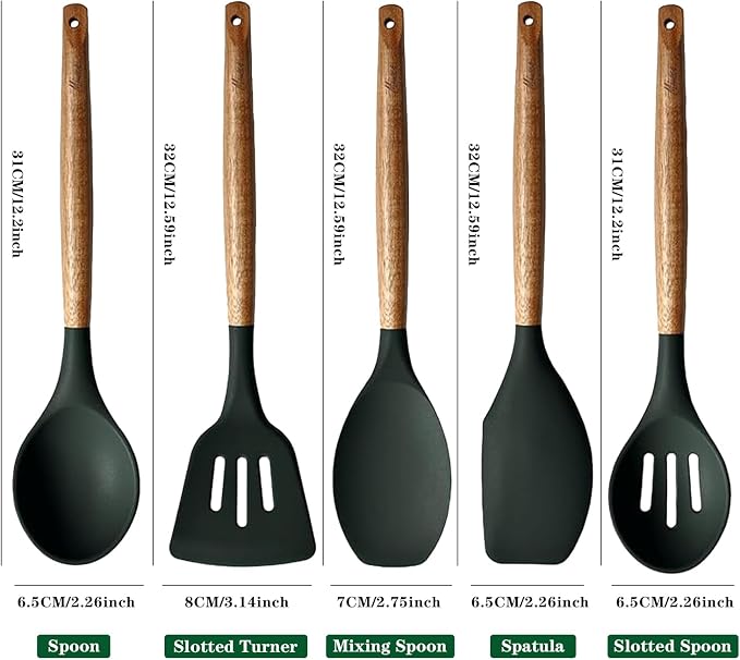 Non-Stick Silicone Cooking Utensils Set with Natural Acacia Hard Wood Handle, 5 Piece, High Heat Resistant (Green)