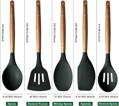 Non-Stick Silicone Cooking Utensils Set with Natural Acacia Hard Wood Handle, 5 Piece, High Heat Resistant (Green)