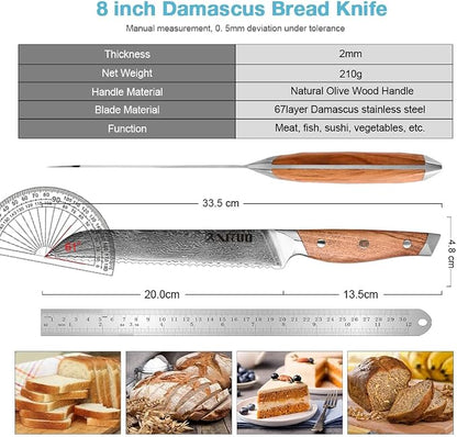 XITUO 8-Inch Serrated Bread Knife – Damascus Steel Blade with Olive Wood Handle, Ultra Sharp Kitchen Slicer for Soft Bread, Pastries & Tomatoes, Ideal Gift for Chef Dad