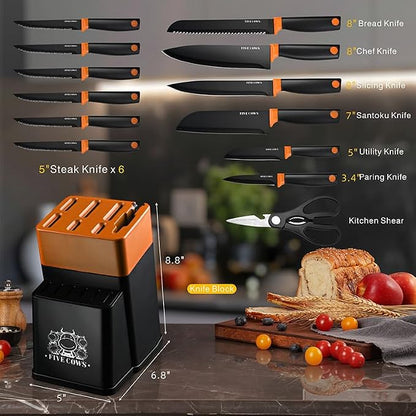 14 Pcs Kitchen Knife Block Set with Sharpener German High Carbon Stainless Steel Chef Knives, Razor-Sharp & Durable, Lightweight Anti-Slip Handle, Professional Set for Home & Kitchen (Orange)