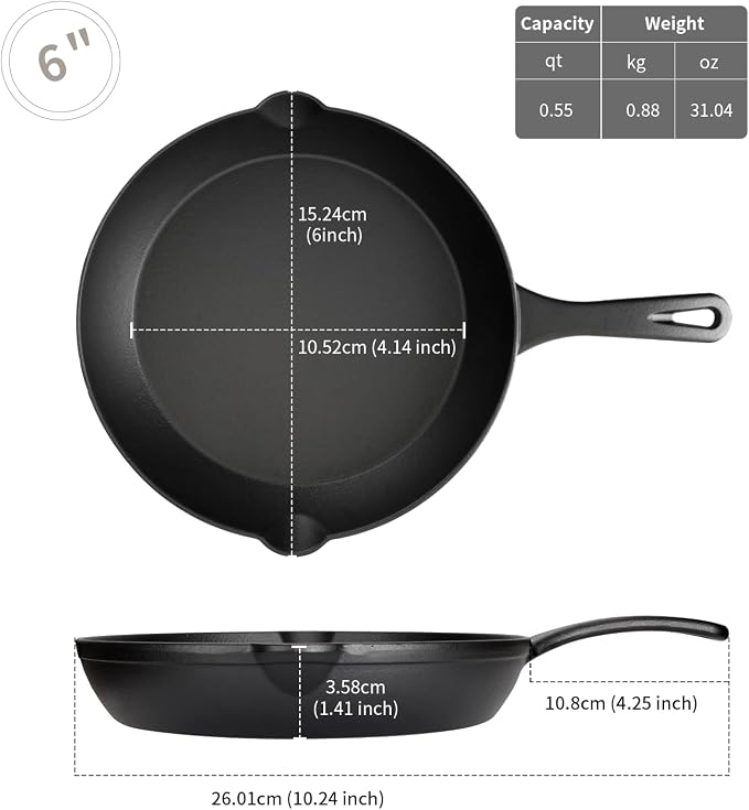 6 Inch Mini Cast Iron Skillet, Pre-Seasoned | Pre-seasoned mini skillet for eggs, dips & desserts. 6" top, ~4" cooking surface. Single-serve. No lid. PFOA-free.