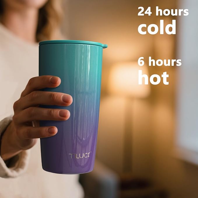 TILUCK 20 oz Insulated Tumbler with BPA-Free Lid, Stainless Steel Vacuum Travel Coffee Mug, Double Wall Coffee Tumbler（20oz，GlitterBluePurple）
