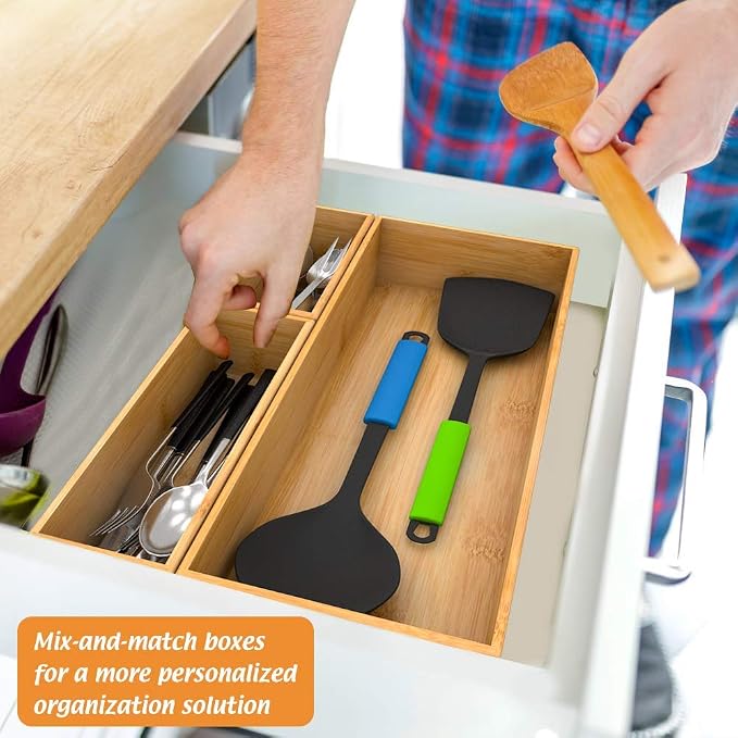 Bamboo Drawer Organizer Utensil Holder for Kitchen, Small Wood Silverware Storage Organizer, Stackable Box Tray for Cutlery, Flatware, Bathroom Caddy for Makeup, Perfume, Jewelry, 6x3x2.5 Inch