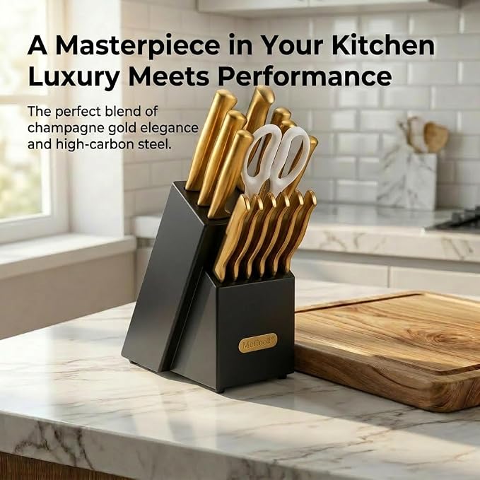 McCook® Knife Sets, Golden Titanium Stainless Steel Kitchen Knife Block Sets with Built-in Sharpener, 15 Piece Knives, Restaurant Grade Sharp, Elegant Gold & Stylish Wooden Block for Modern Culinary