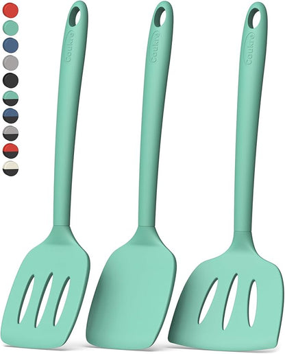 Coukre 3 Pack Silicone Spatula Set, High Heat Resistant, BPA-Free, Fish Spatula, Solid & Slotted Turner for Non-Stick Pans, Flipping Eggs, Pancakes, Fish, Burgers (3, PureAquaGreen)
