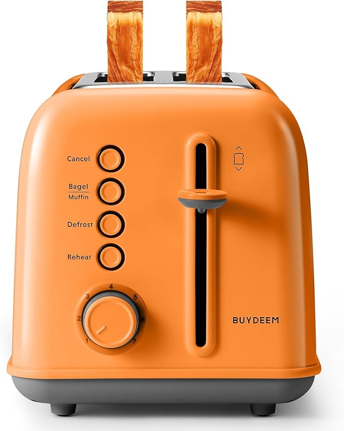 BUYDEEM DT620 2-Slice Toaster, 7 Shade Settings, Extra Wide 1.5'' Slots for Bagel & English Muffin, 6 Toasting Functions, Retro Stainless Steel Toaster with High Lift Lever, Orange
