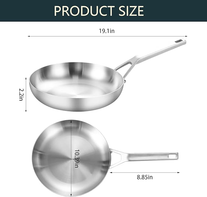 Yeksum Tri-Ply Fully Bonded Stainless Steel Frying Pan, 10",With Tempered Glass Lid, Chef's pan,Skillets,Induction Pan Dishwasher and Oven Safe