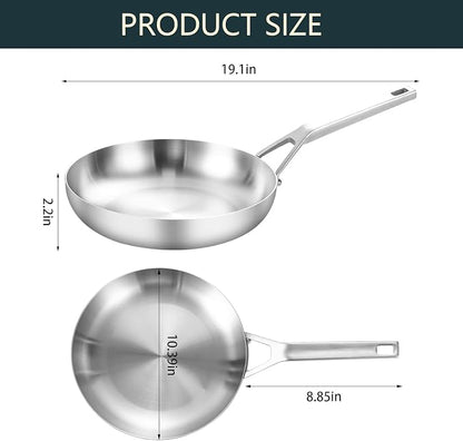 Yeksum Tri-Ply Fully Bonded Stainless Steel Frying Pan, 10",With Tempered Glass Lid, Chef's pan,Skillets,Induction Pan Dishwasher and Oven Safe