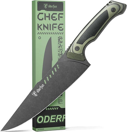 8 inch Chef Knife with Leather Sheath, G10 Handle Kitchen Knife | Ultra Sharp Stainless Stee Blade, Full Tang, Gyuto Style for Home Cooking and Outdoor Camping, Knives for Men Him Husband