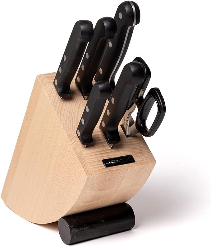 Arcos Kitchen Block Knife Set 6 pieces (5 Knives + 1 Scissors). Stainless Steel - Polyoxymethilene (POM) Handles. Pine Wood Block