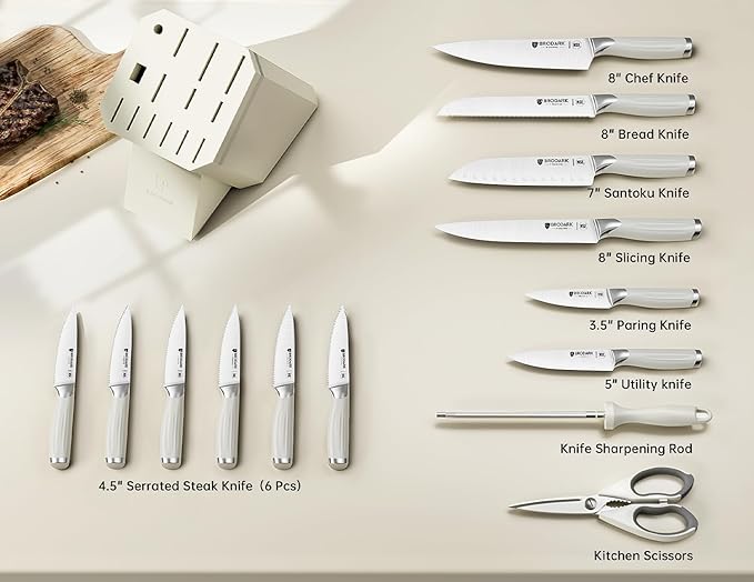 BRODARK White Knife Set with Block, 15-Piece German Stainless Steel Kitchen Knife Set with Sharpener, Ultra Sharp Full Tang Blades, Modern Luxury Knives for Everyday Cooking & Gifts