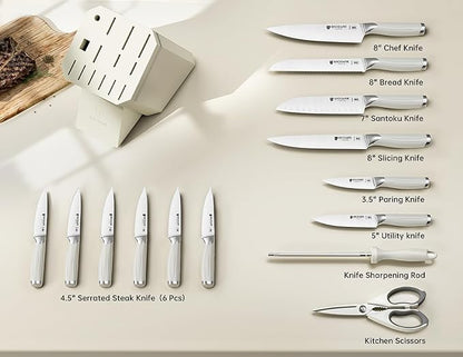 BRODARK White Knife Set with Block, 15-Piece German Stainless Steel Kitchen Knife Set with Sharpener, Ultra Sharp Full Tang Blades, Modern Luxury Knives for Everyday Cooking & Gifts