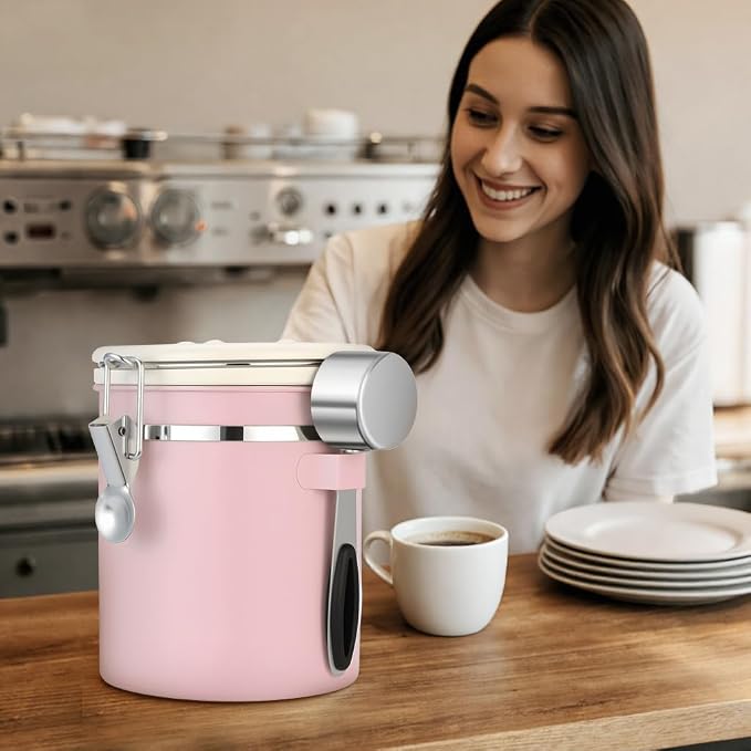 ShanSon Coffee Canister Airtight, Stainless Steel Bean Storage Container with Date Tracker & Scoop, Grounds Sugar Flour Tea Cereal Fits Kitchen Pantry, Ideal Gift for Coffee Lovers,22oz, Pink