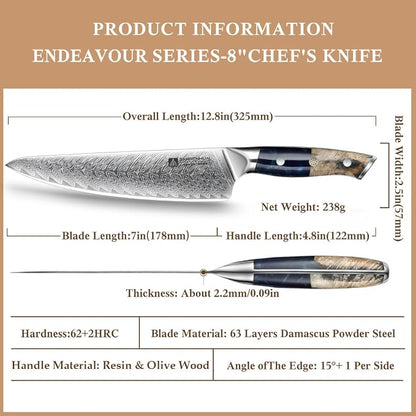 Classic Damascus Chef's Knife 8”, Thin, Light Super Sharp Kitchen Knife, Japanese Damascus Kitchen Knife for All-Around Food Preparation, Professional Resin Handle Chef Knife