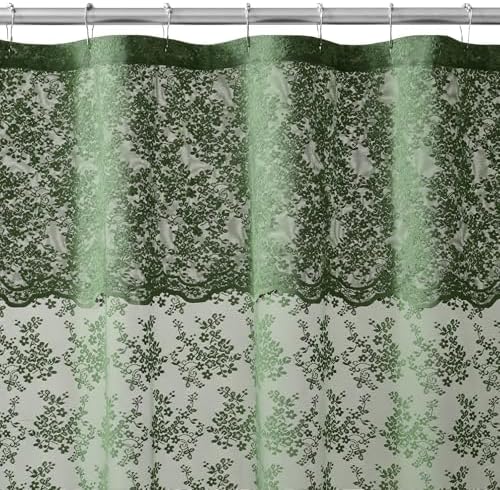Green Lace Shower Curtain 72x84, 84 Inches Long with Attached Valance