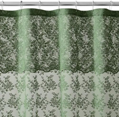 Green Lace Shower Curtain 72x84, 84 Inches Long with Attached Valance
